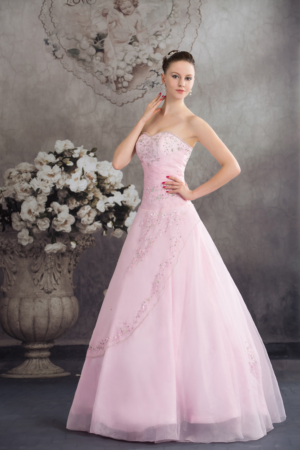 Princess Baby Pink Organza Appliques Prom Dress