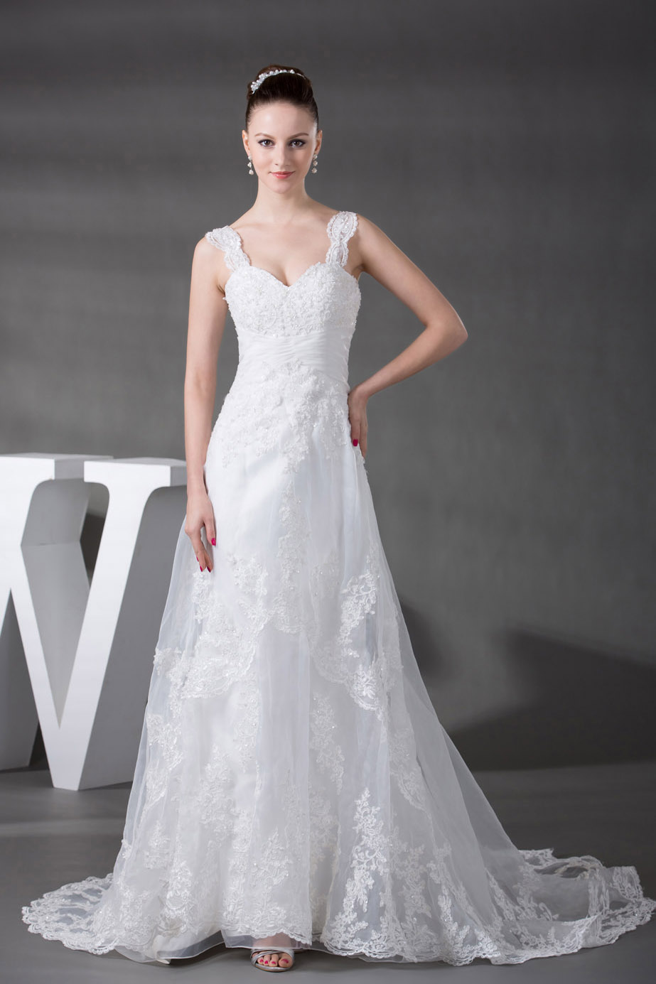A-line Straps Lace Court Train Wedding Dress