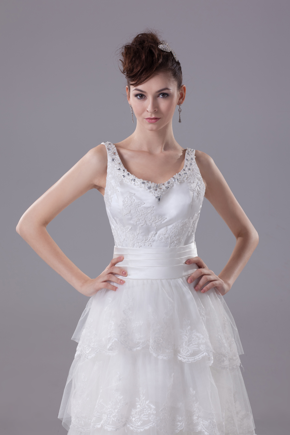 Ruffled Layers Lace Brush Train Column Scoop Wedding Dress