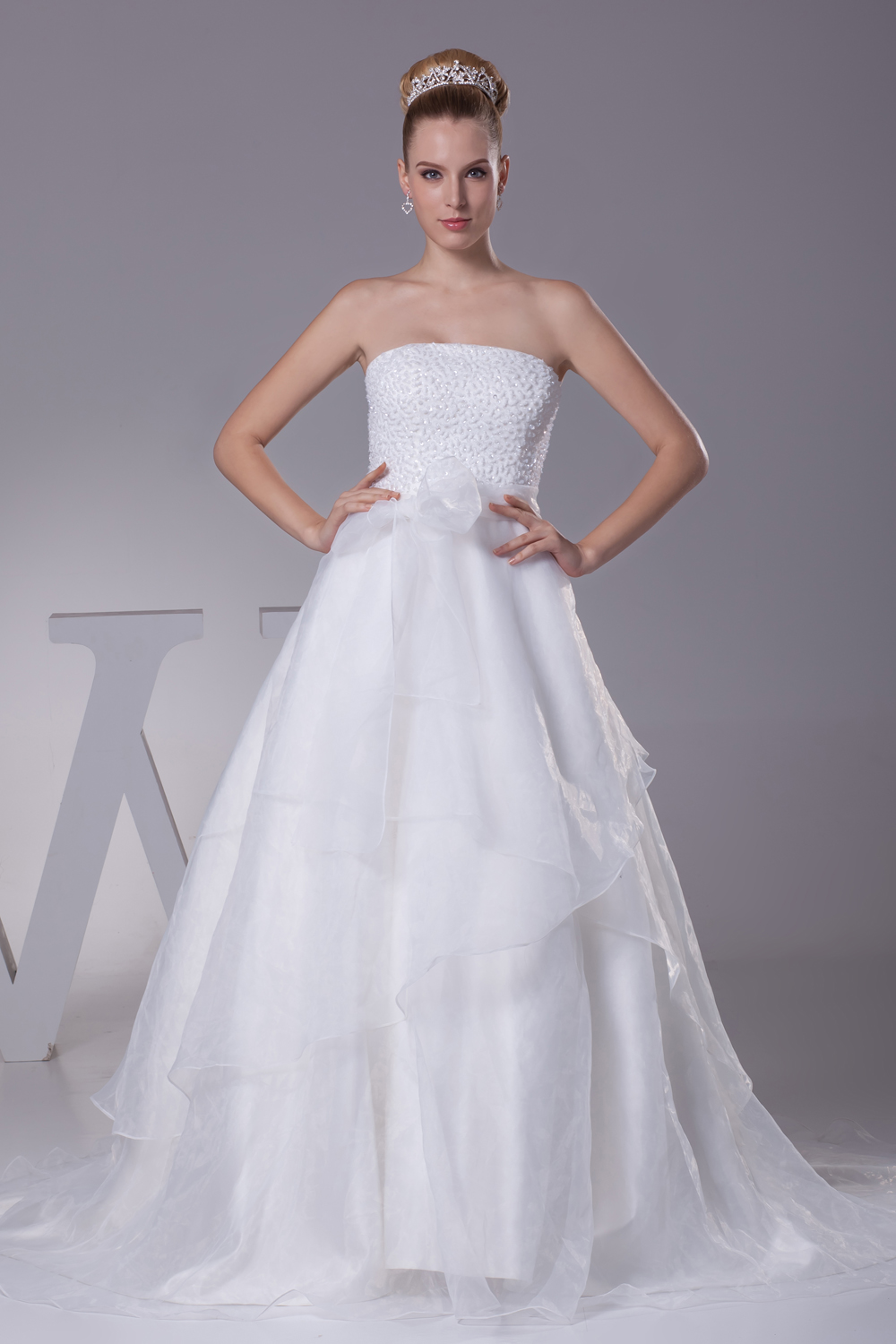 Beading Strapless Court Train A-Line Wedding Dress with Zipper-up