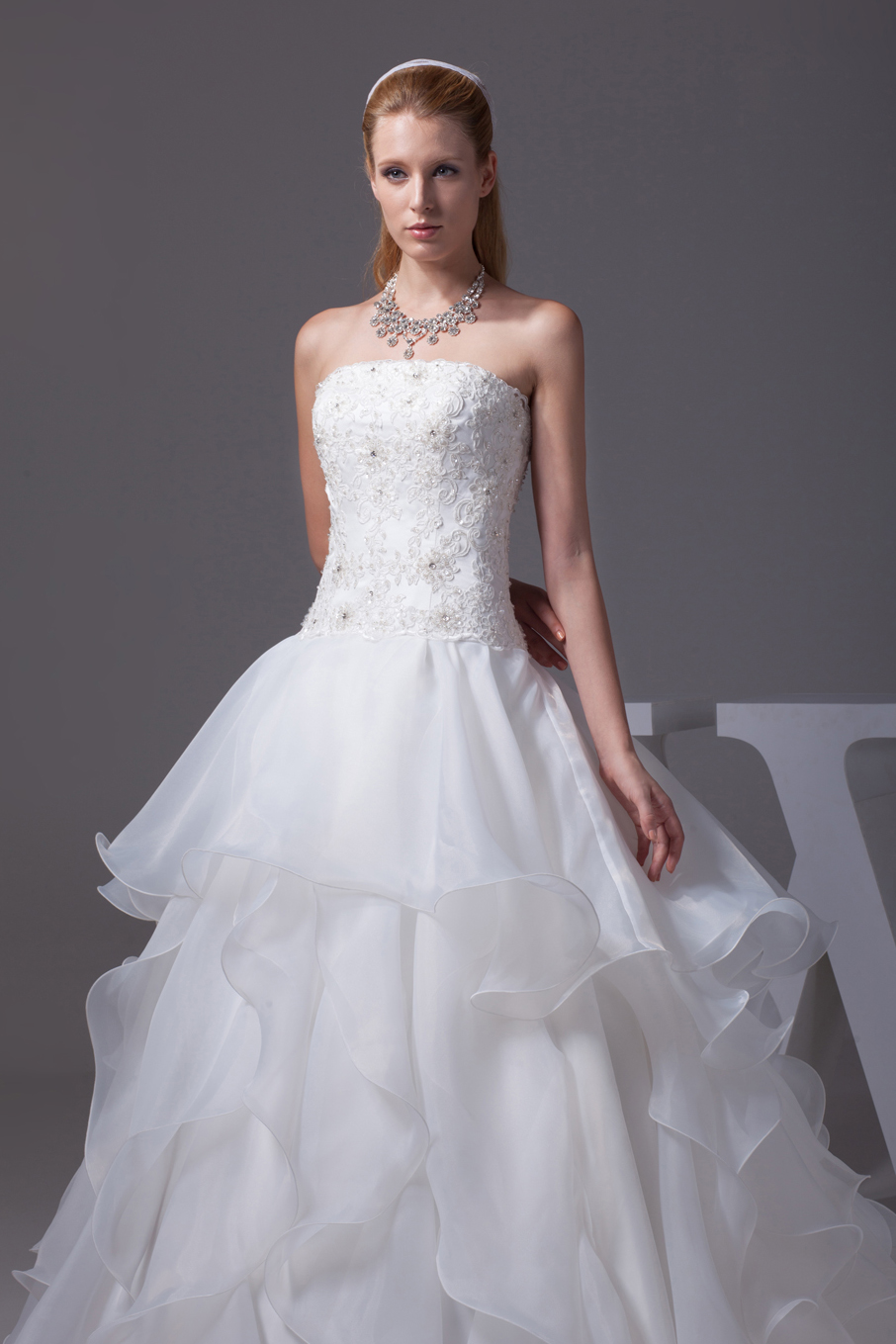 Appliques With Beading Strapless Ruffles A-line Wedding Dress