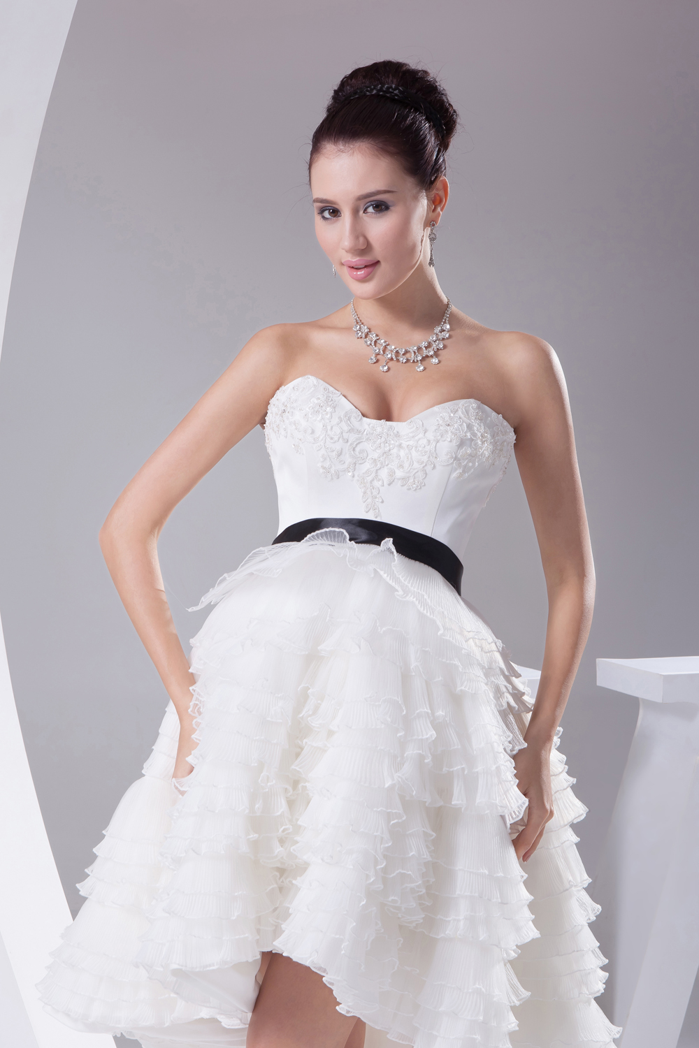 A-line / Princess Ruffled Layers Knee-length Sash Wedding Dress