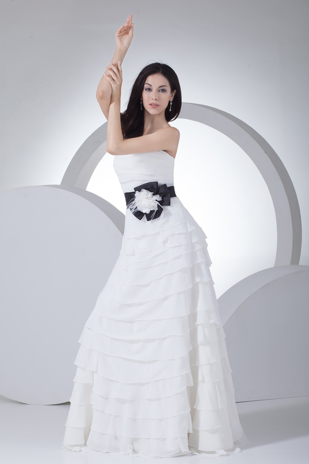 Column Sash Ruffles Layers Wedding Dress