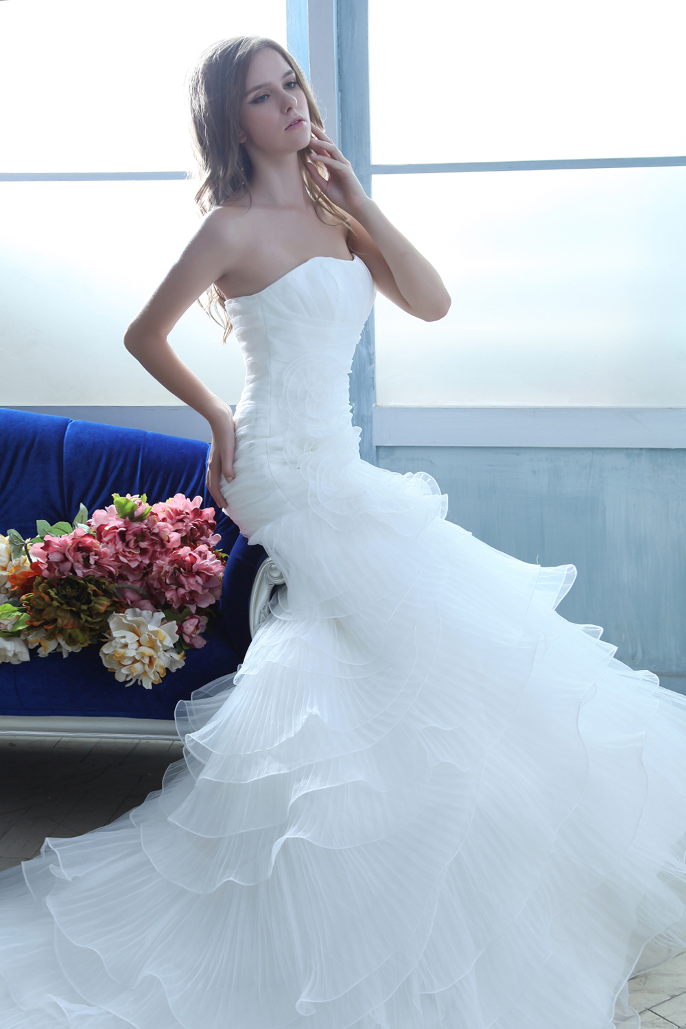 Mermaid Strapless Court Train Organza Ruching and Hand Made Flowers Wedding Dress