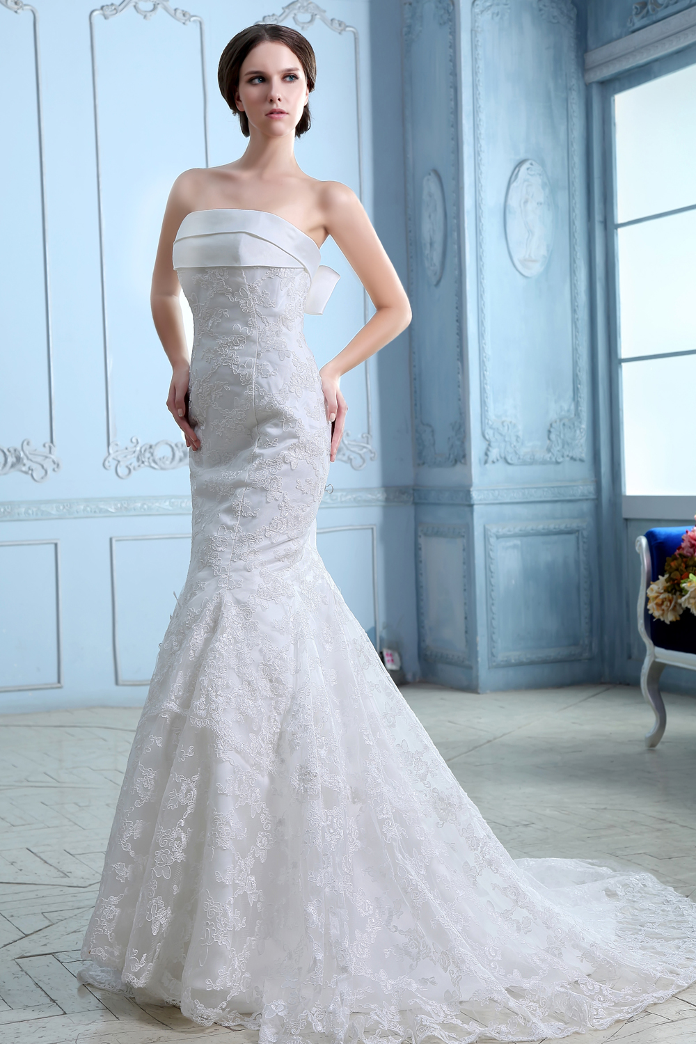 Low Price Mermaid Strapless Court Train Satin Lace Wedding Dress