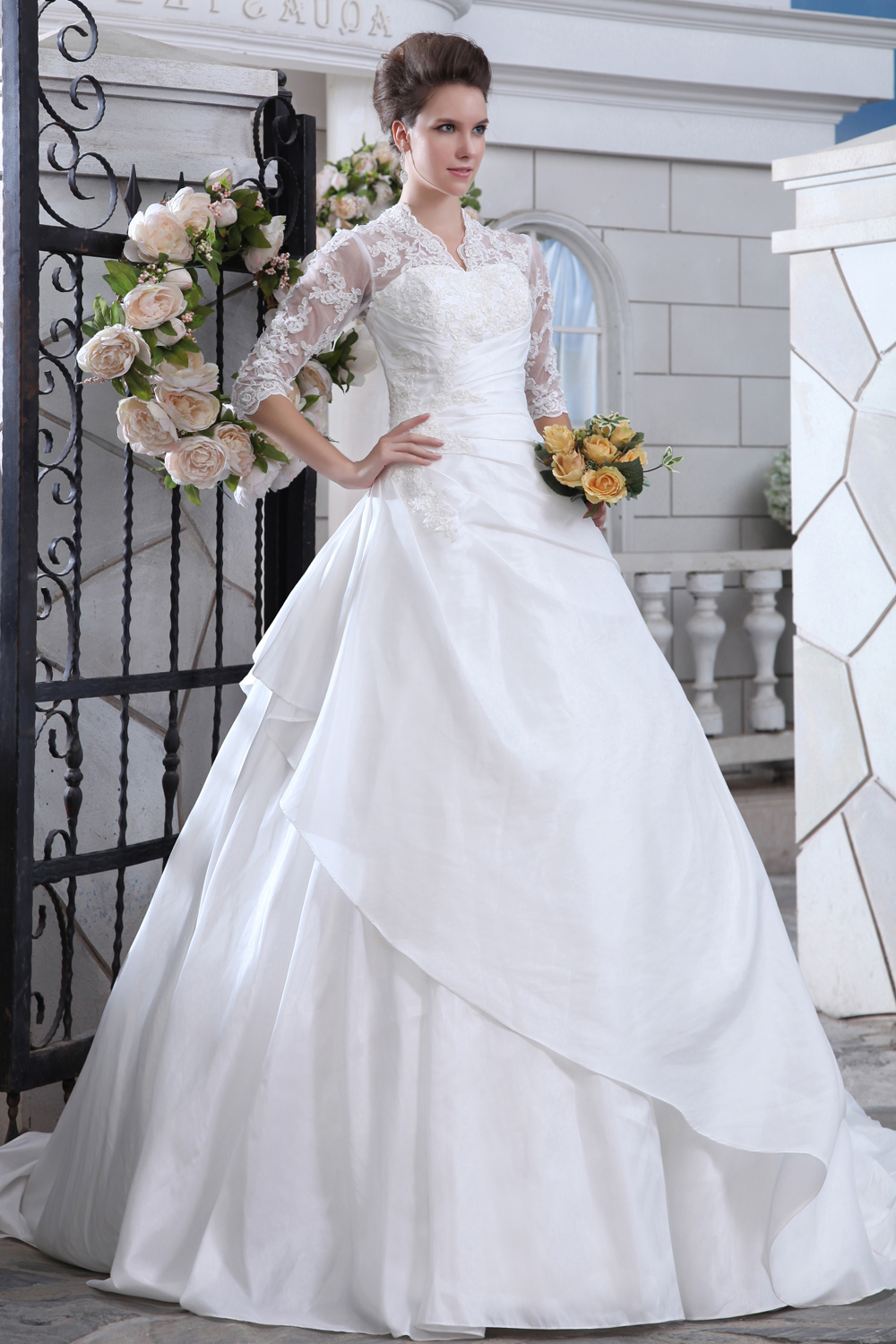 Discount Ball Gown V-neck Court Train Satin Lace Wedding Dress