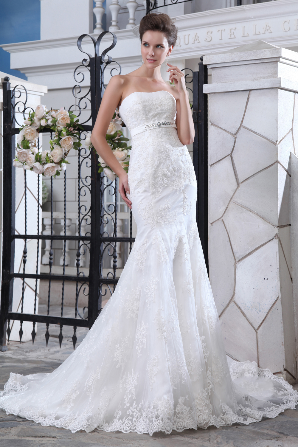 Luxurious Mermaid Strapless Court Train Tulle Lace and Belt Wedding Dress
