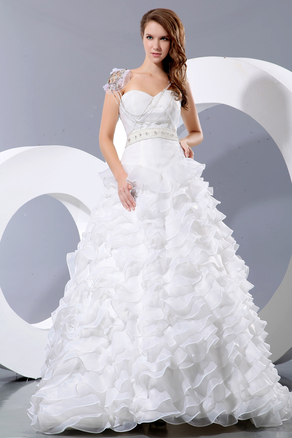 Gorgeous A-line Brush Train Satin and Organza Beading and Ruffles Wedding Dress