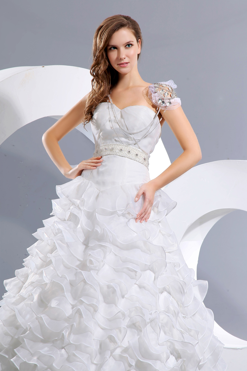 Gorgeous A-line Brush Train Satin and Organza Beading and Ruffles Wedding Dress