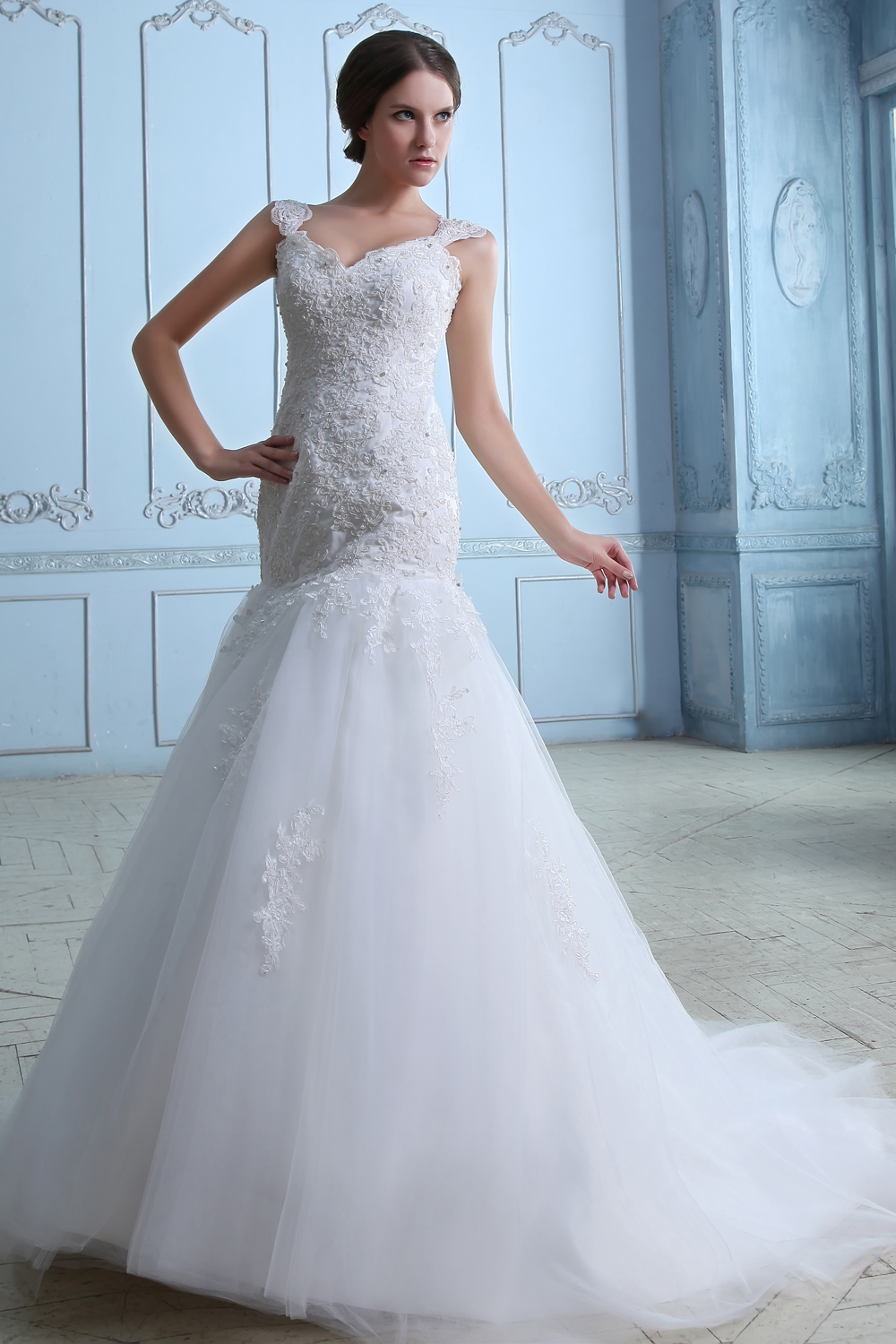 Lovely Mermaid Straps Court Train Tulle Lace Wedding Dress