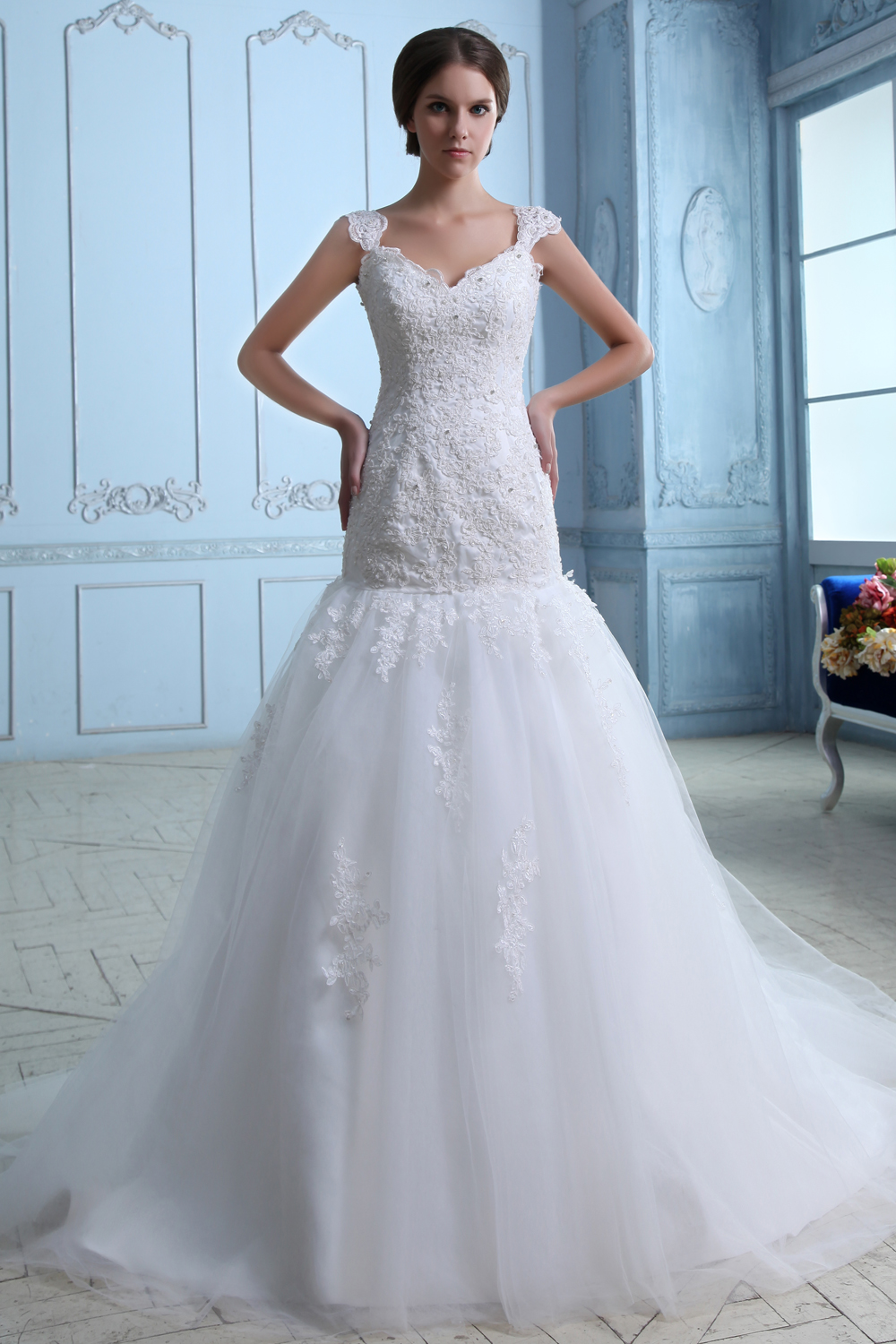 Lovely Mermaid Straps Court Train Tulle Lace Wedding Dress