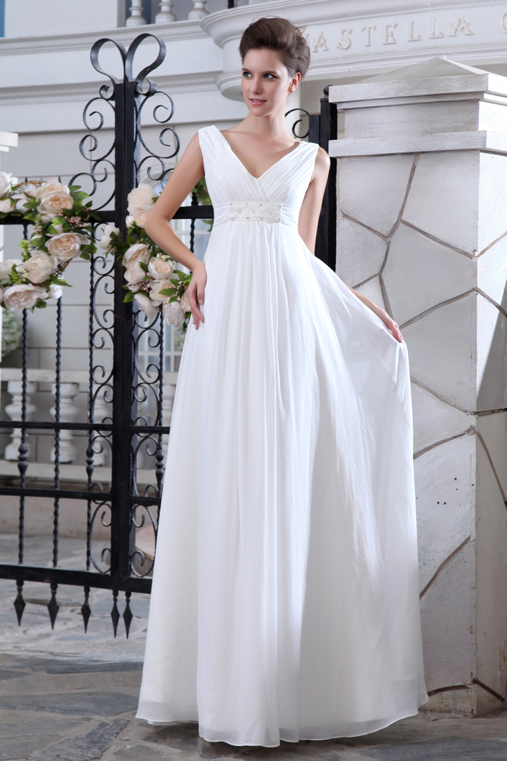Simple A-line V-neck Long Chiffon Ruching And Appliques Wedding Dress