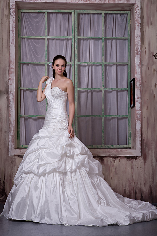 Luxurious A-line One Shoulder Court Train Taffeta Appliques and Pick-ups Wedding Dress