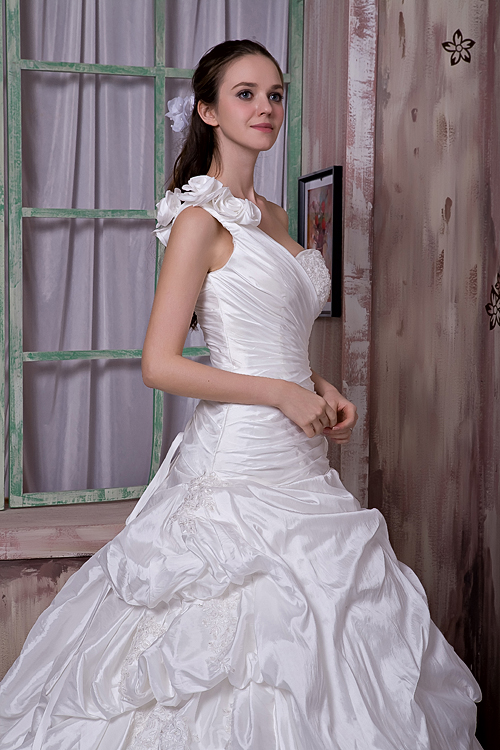 Luxurious A-line One Shoulder Court Train Taffeta Appliques and Pick-ups Wedding Dress