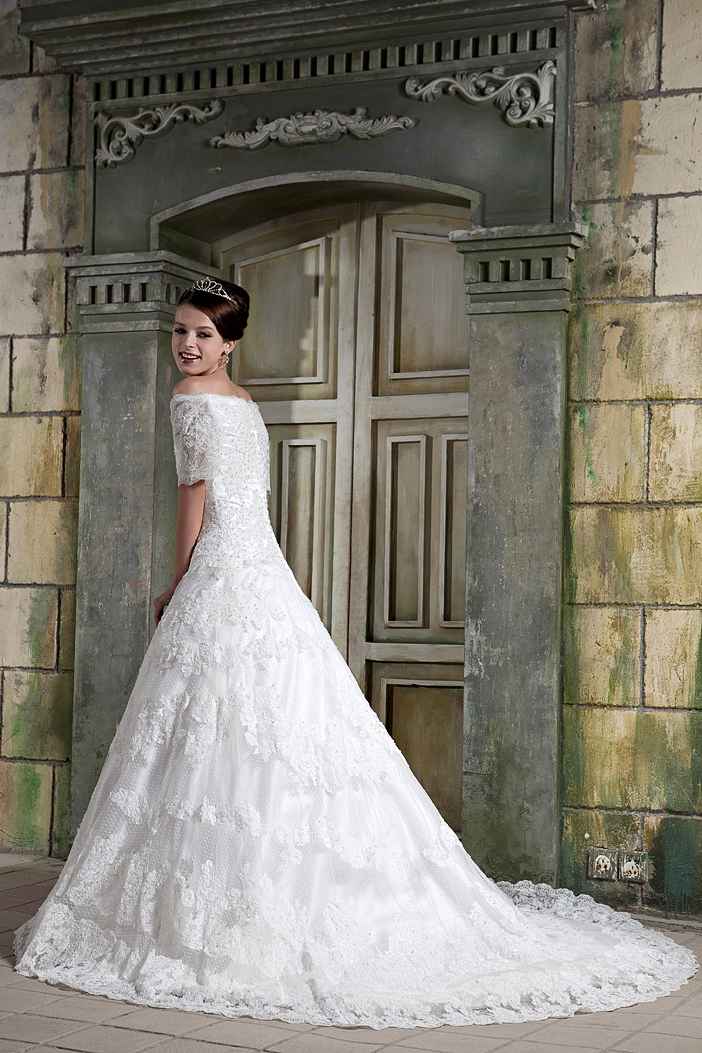 Modest A-line Off The Shoulder Chapel Train Lace Wedding Dress
