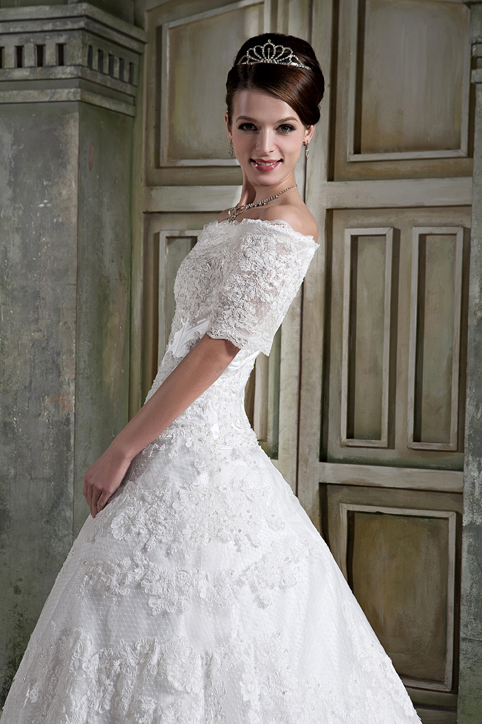 Modest A-line Off The Shoulder Chapel Train Lace Wedding Dress