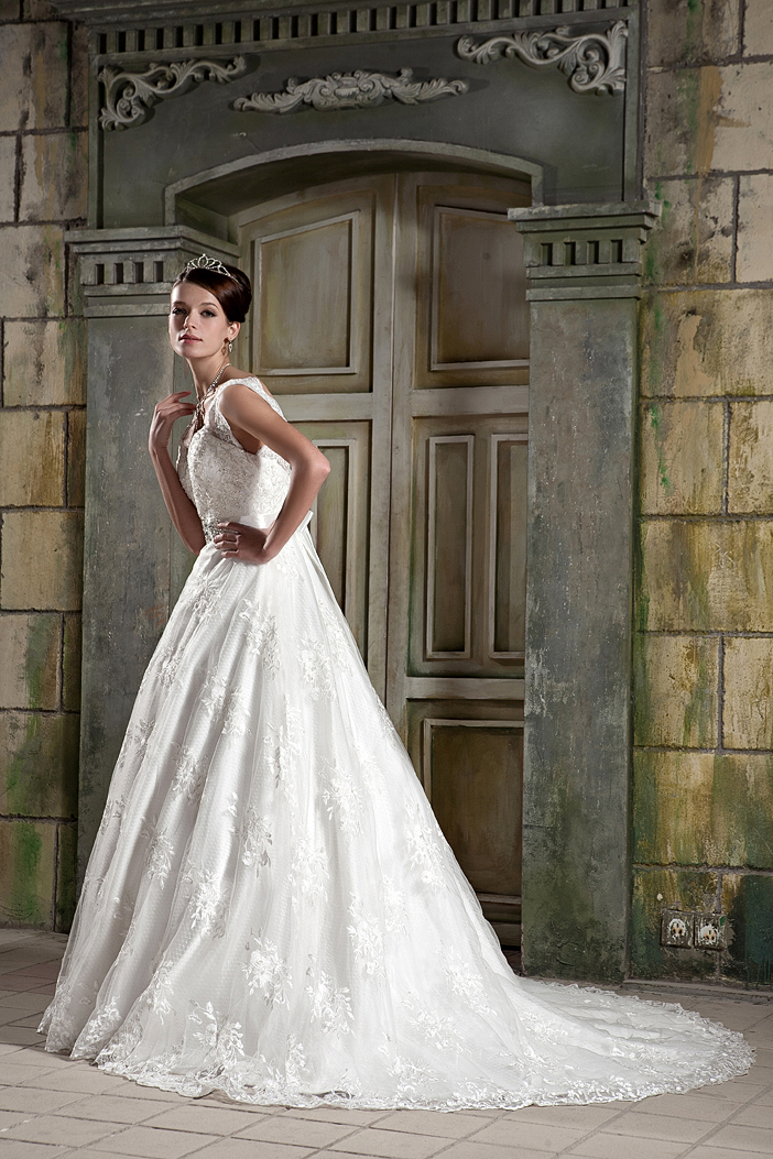 Beautiful A-line V-neck Chapel Train Lace Beading Wedding Dress