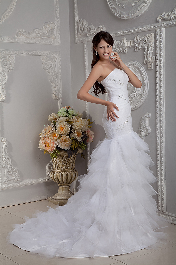 Affordable Mermaid Court Train Tulle Beading and Ruching Wedding Dress