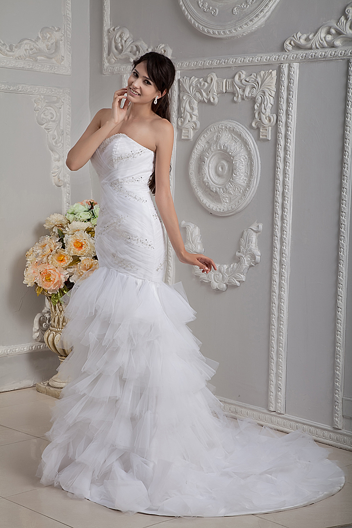 Affordable Mermaid Court Train Tulle Beading and Ruching Wedding Dress