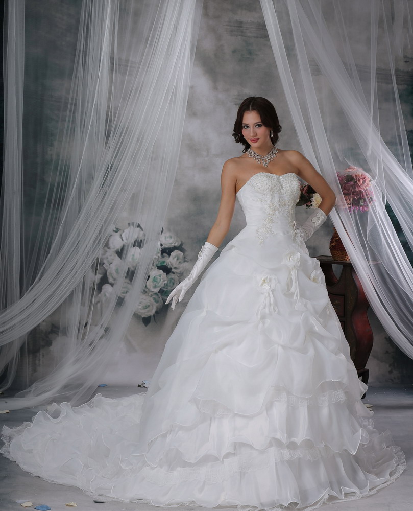 Beaded and Appliques Decorate Bust Hand Made Flowers Pick-ups Organza Chapel Train Wedding Dress For 2013