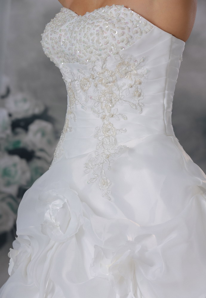 Beaded and Appliques Decorate Bust Hand Made Flowers Pick-ups Organza Chapel Train Wedding Dress For 2013