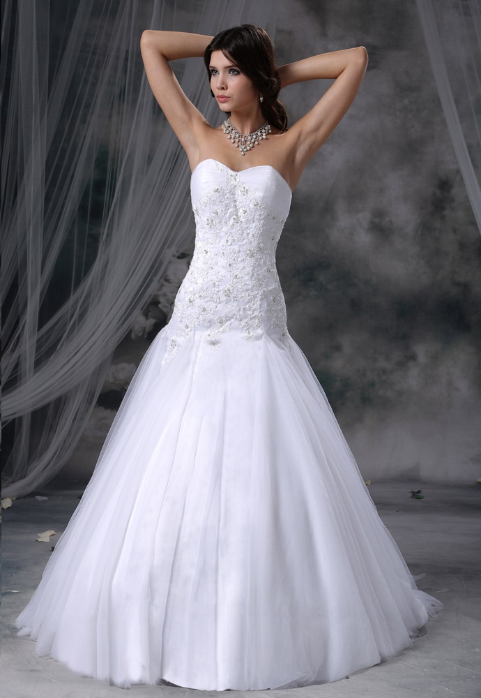 Lace With Beading A-line Tulle Brush Train Tulle Wedding Dress