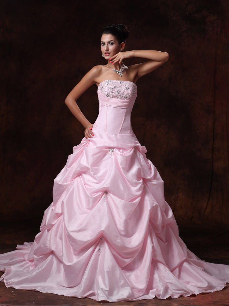 Pick-ups Pink Strapless A-Line Court Train Taffeta Customize New Styles Wedding Dress