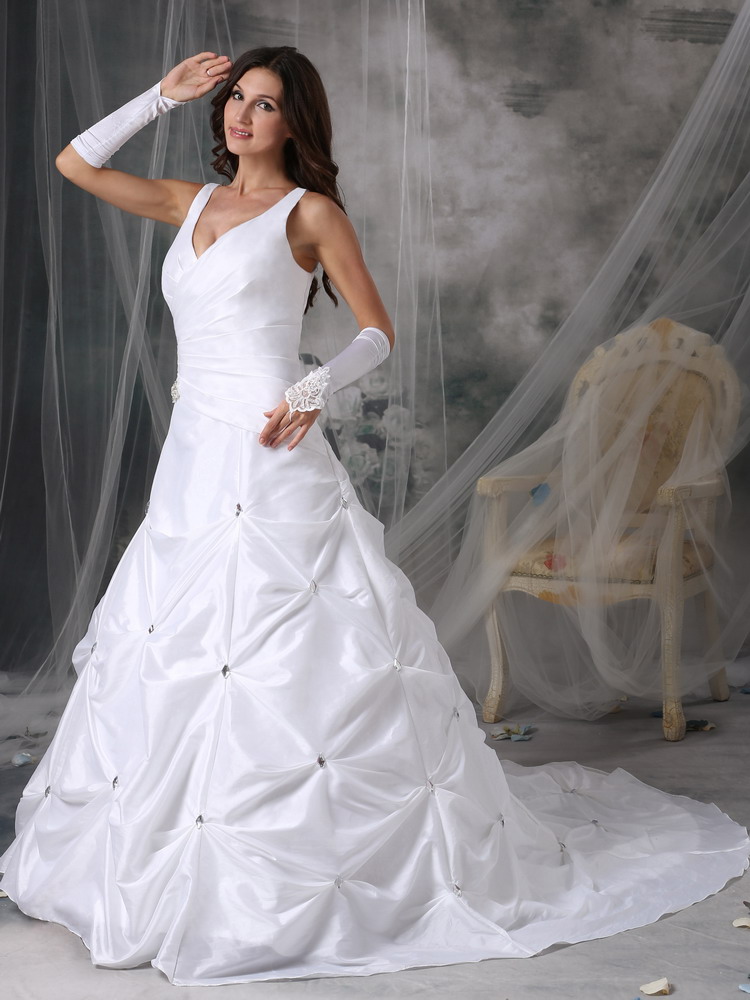 Brand New A-line V-neck Brush Train Taffeta Beading Wedding Dress