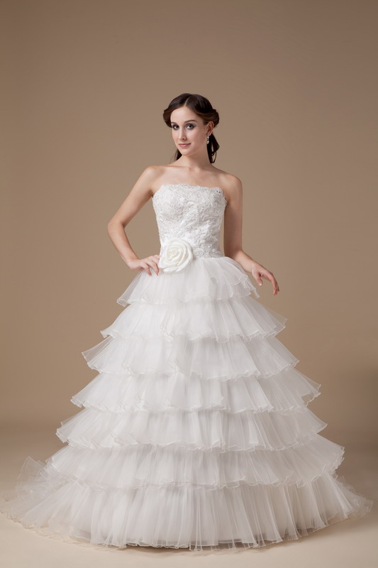 Beautiful A-line Strapless Brush Train Taffeta and Organza Hand Made Flower and Appliques Wedding Dress
