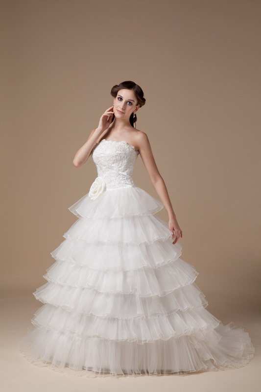 Beautiful A-line Strapless Brush Train Taffeta and Organza Hand Made Flower and Appliques Wedding Dress