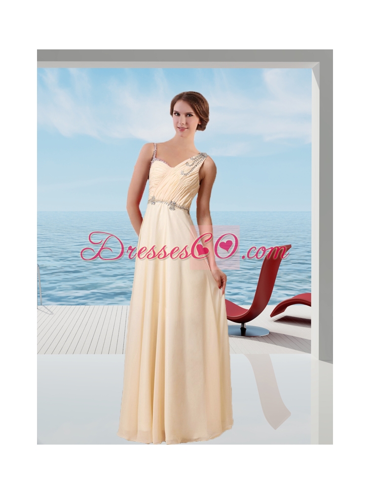 Asymmetrical Champagne Empire Prom Dress With  New Styles Beaded Decorate