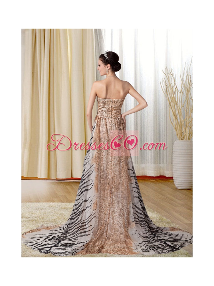 Modest Multi-color Strapless Prom Dress with Leopard Print