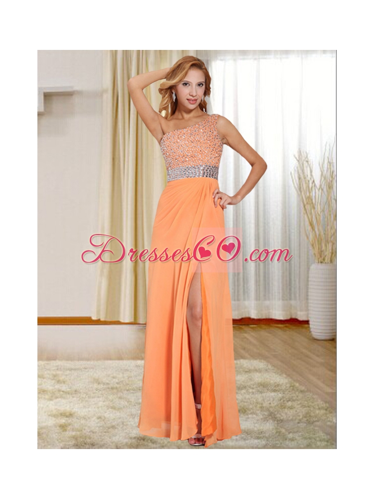 Chiffon Orange One Shoulder Evening Dress with Beading and High Slit