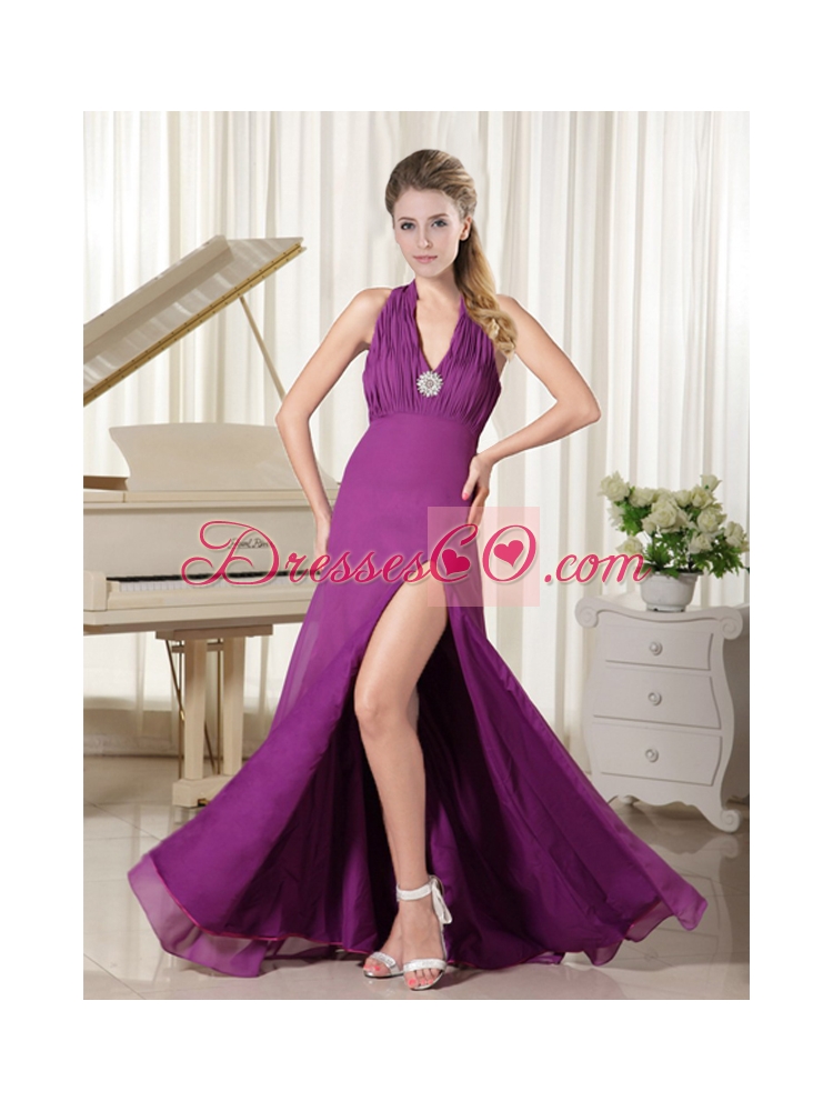 Halter Top Deep V Neck Purple Prom Dress with High Slit