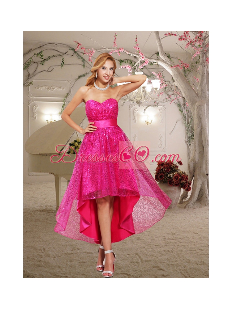 Hot Pink A Line Paillette High Low Prom Dress