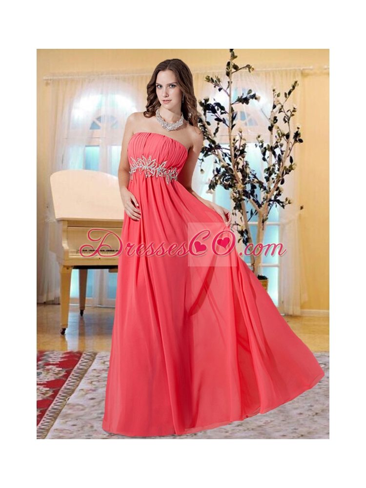 Chiffon Empire Ruching and Beading Strapless Prom Dress in Watermelon Red
