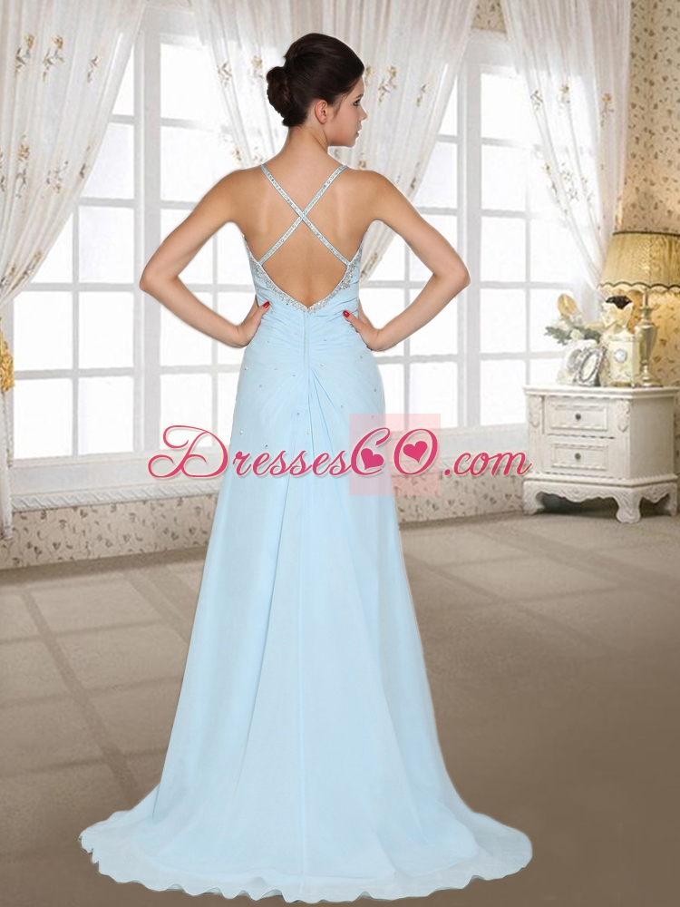 Column Light Blue Chiffon Beading and High Slit Spaghetti Straps Prom Dress