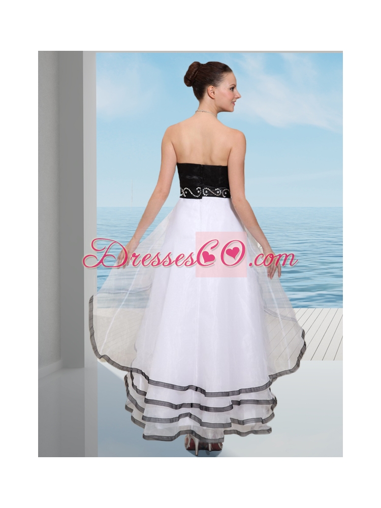 Elegant Organza Beading High Low Prom Dress in White and Black