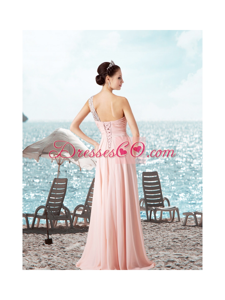 Gorgeous Empire Ruching and Beading Sleeveless Prom Dress in Baby Pink for