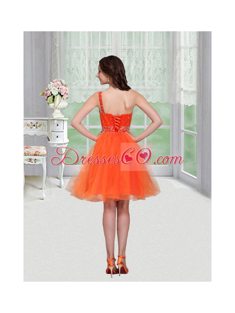 Gorgeous Orange One Shoulder Beading Organza Homecoming Dress