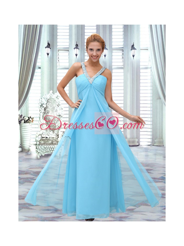 Graceful Aqua Blue V Neck Empire Sleeveless Prom Dress with Beading