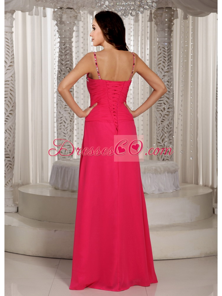 High Slit Beaded Spaghetti Straps  Chiffon Prom Dress in Coral Red