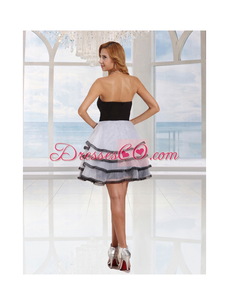 Lovely A Line Strapless Black and White Cocktail Dress With Ruffled Layers
