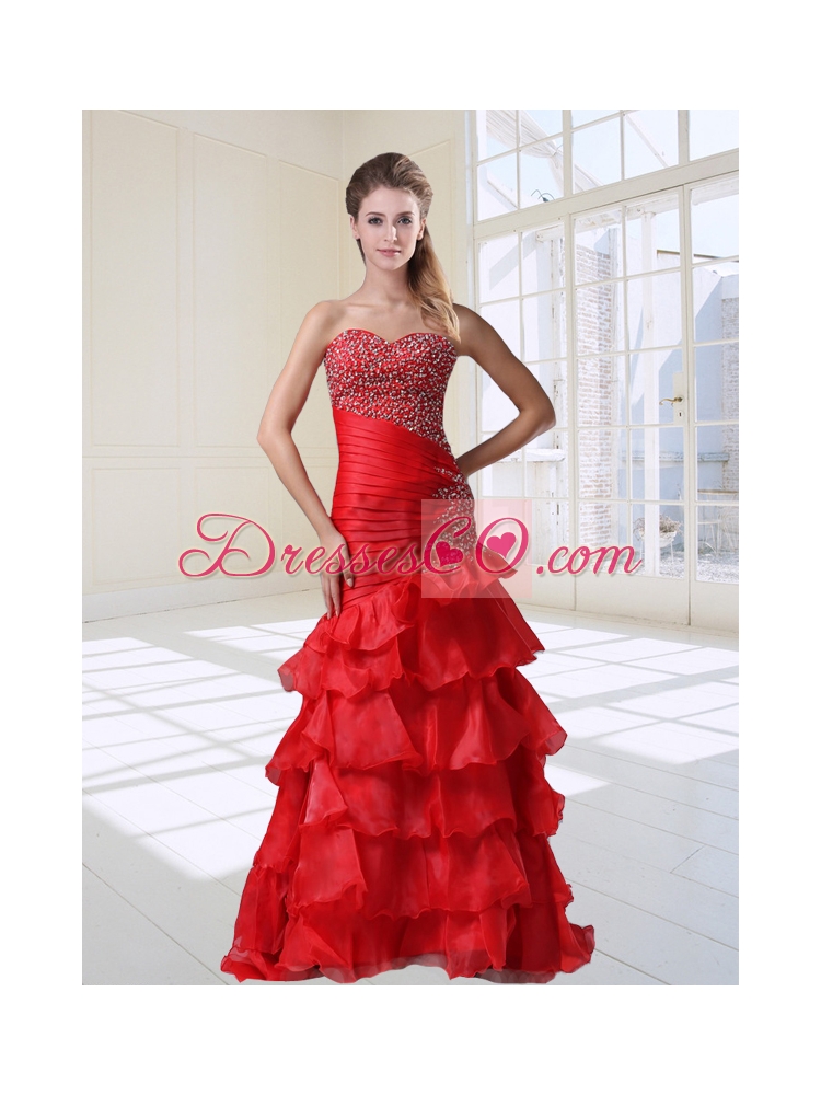 Mermaid Red Party Sexy Beaded Organza Floor Length Prom Dress with Ruffles