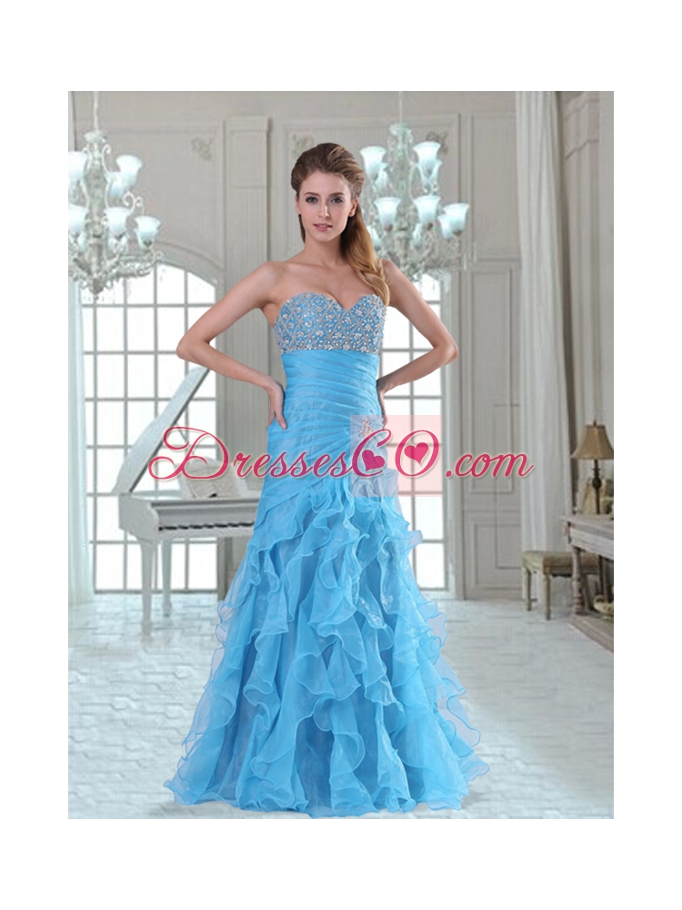 Organza Ruffles and Beading Prom Dress in Aqua Blue Color