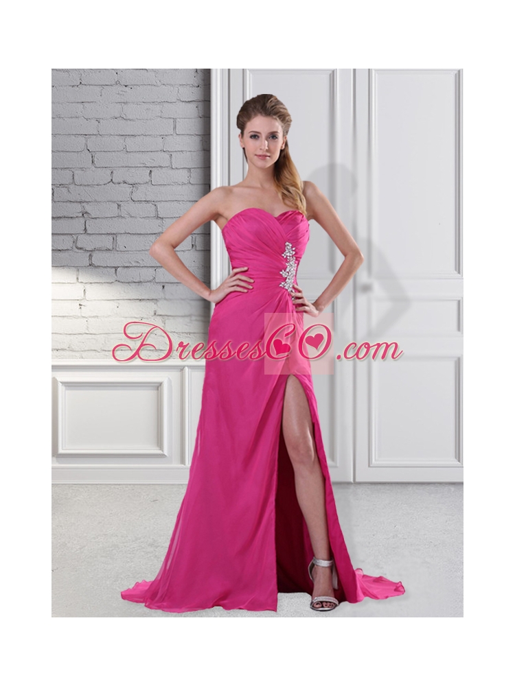 Popular Hot Pink Prom Dress with Beading and High Slit