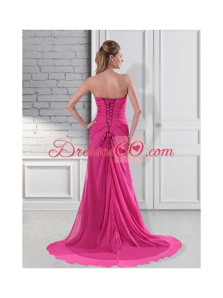 Popular Hot Pink Prom Dress with Beading and High Slit