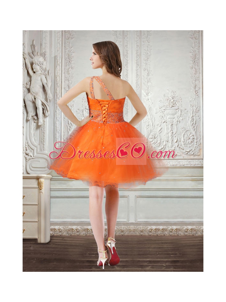 Pretty Orange Beaded Organza One Shoulder Cocktail Dress in Mini Length