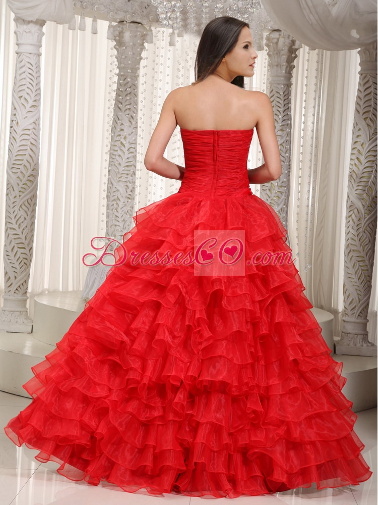 Red Strapless High Low Prom Dress with Ruffle Layers