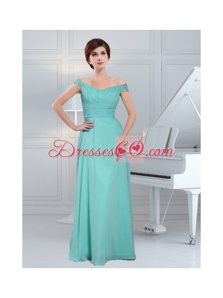 Simple Aque Blue Off The Shoulder Prom Dress With Beading and Ruching
